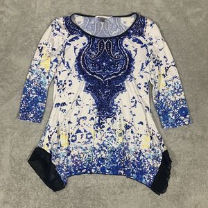 Peter Nygard Tunic Top Jeweled Blue White Damask 3/4 Sleeve Size PS